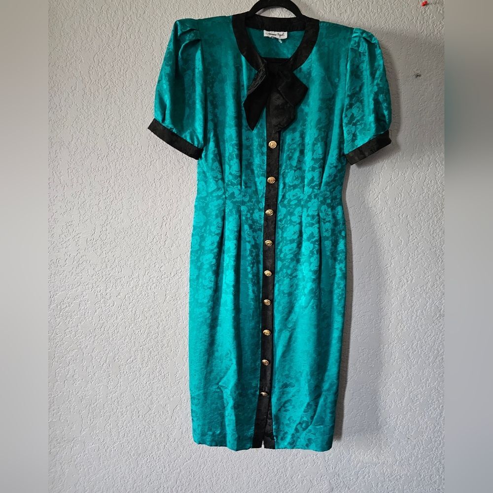 Adrianna Papell Teal Midi Dress with Black Trim and Bow